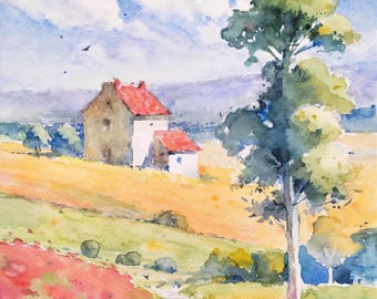 田園風景、夏の抱擁、自然のハーモニー。オリジナル水彩画 - Etsy 日本