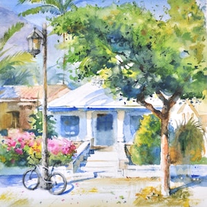 Pintura original de acuarela de una cabaña: escena callejera de verano con árbol, bicicleta y flores. Decoración del hogar pintada a mano.