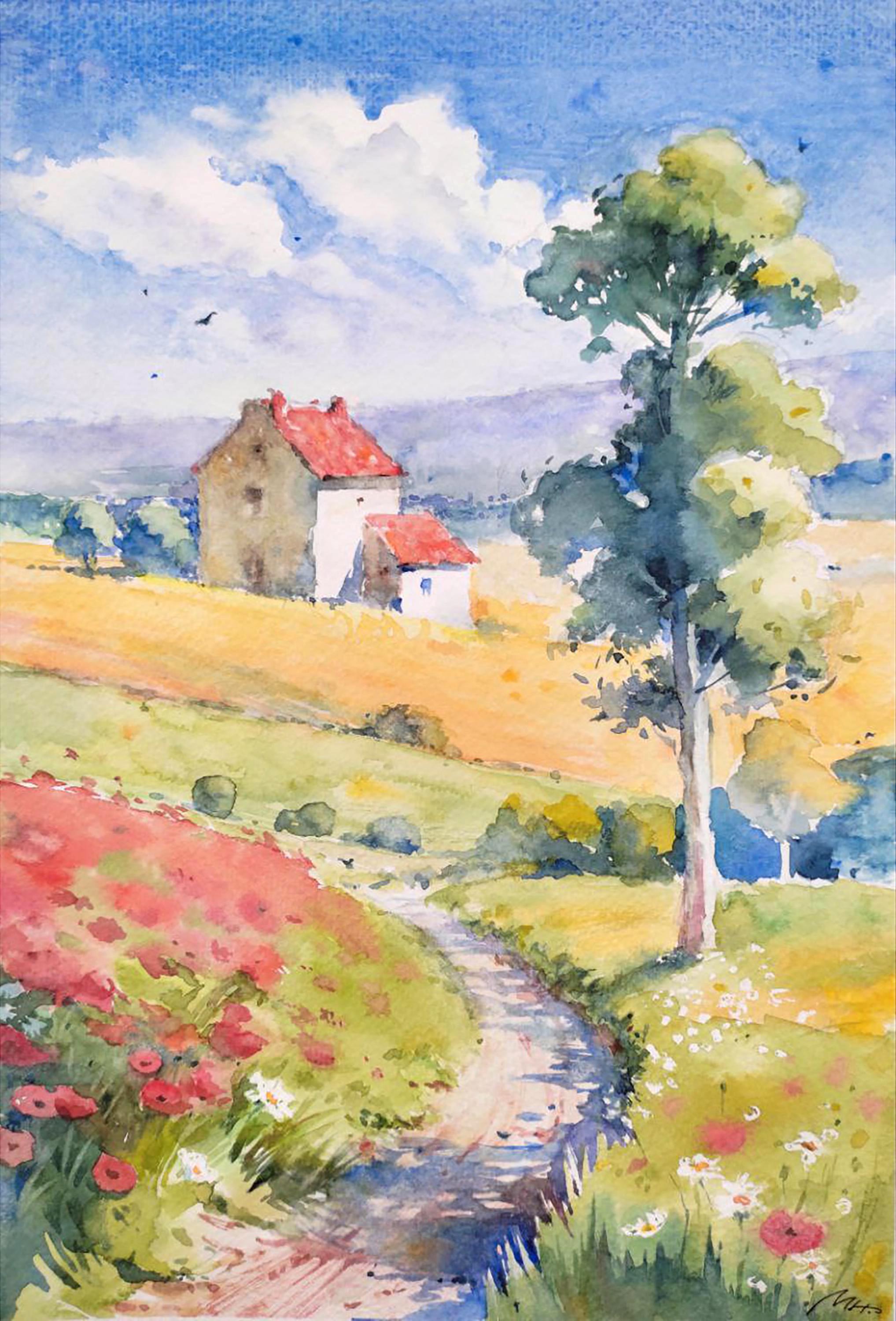 田園風景、夏の抱擁、自然のハーモニー。オリジナル水彩画 - Etsy 日本