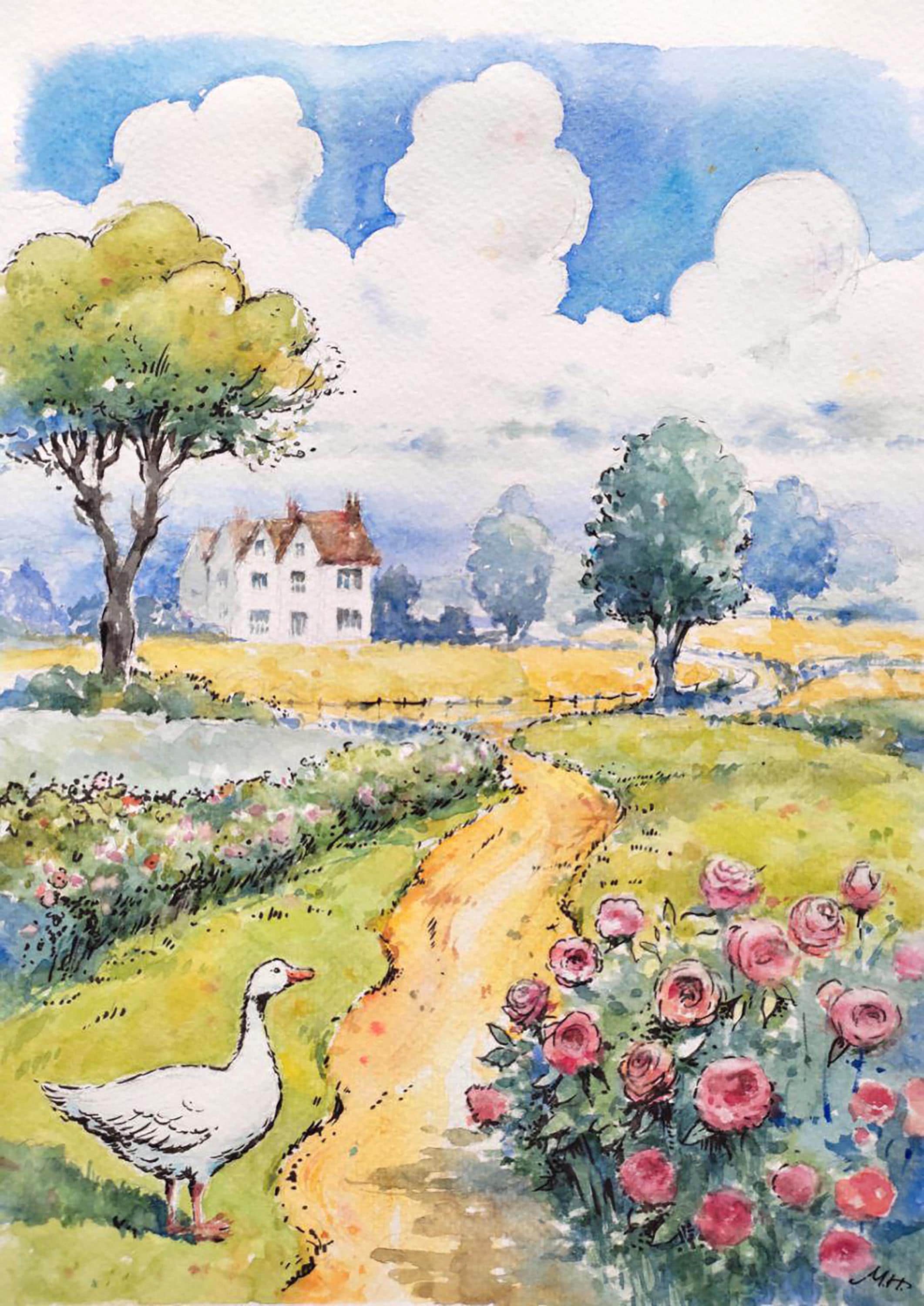 田園風景。オリジナル水彩画 22 x 30 cm - Etsy 日本