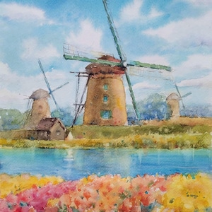 Champs de tulipes hollandais avec moulins à vent - Aquarelle originale de paysage 23 x 31,5 cm