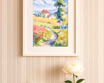 田園風景、夏の抱擁、自然のハーモニー。オリジナル水彩画 - Etsy 日本