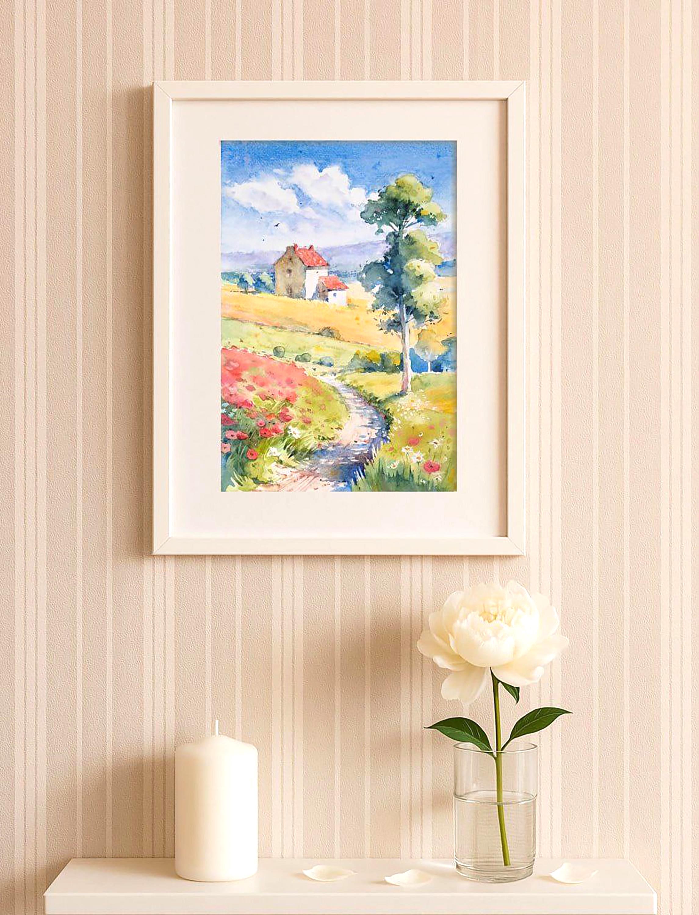 田園風景 水彩画 木製フレーム付き 田園風景、夏の抱擁、自然のハーモニー。オリジナル水彩画 - Etsy 日本