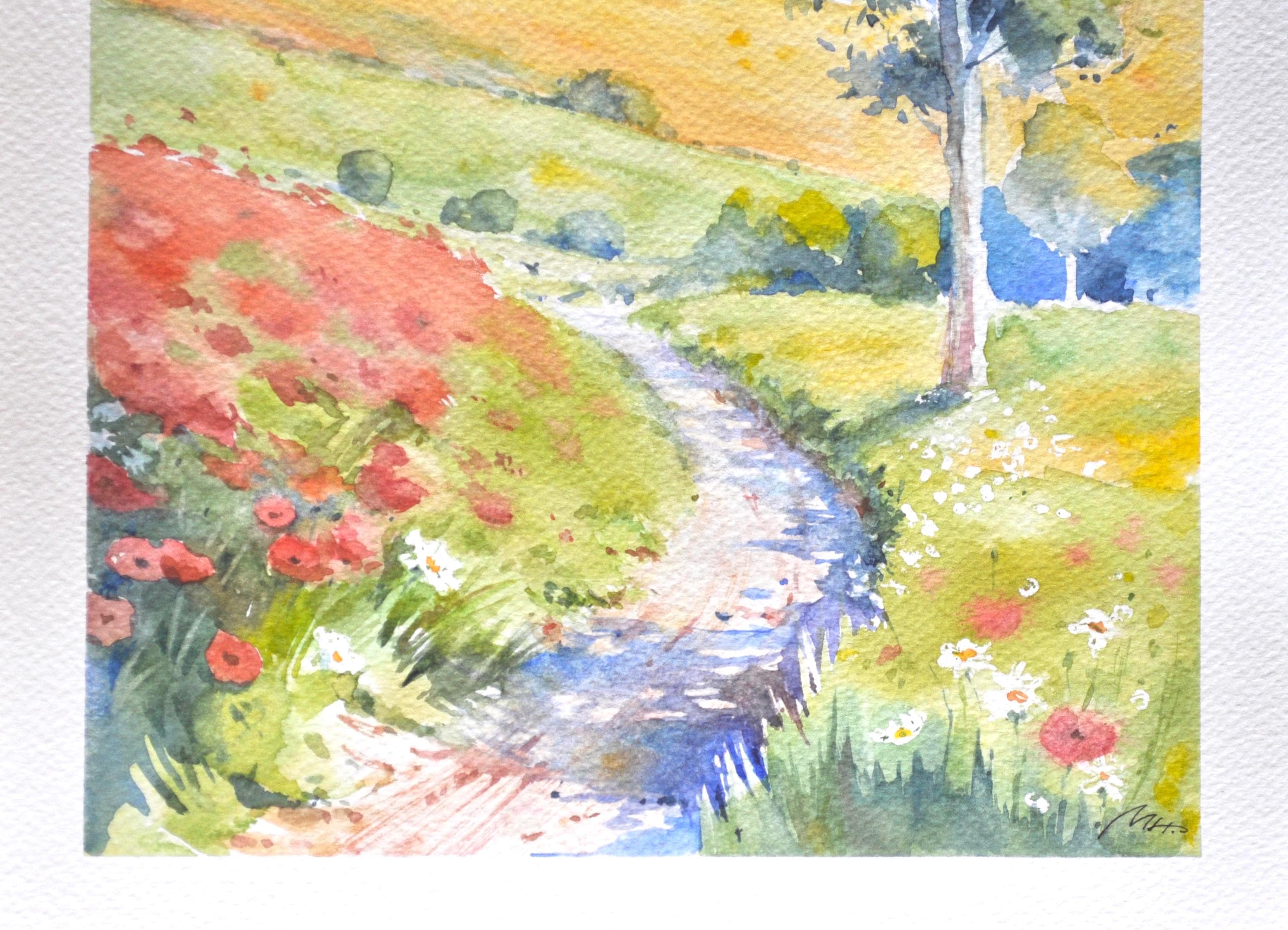 田園風景、夏の抱擁、自然のハーモニー。オリジナル水彩画 - Etsy 日本