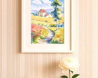 田園風景、夏の抱擁、自然のハーモニー。オリジナル水彩画 - Etsy 日本