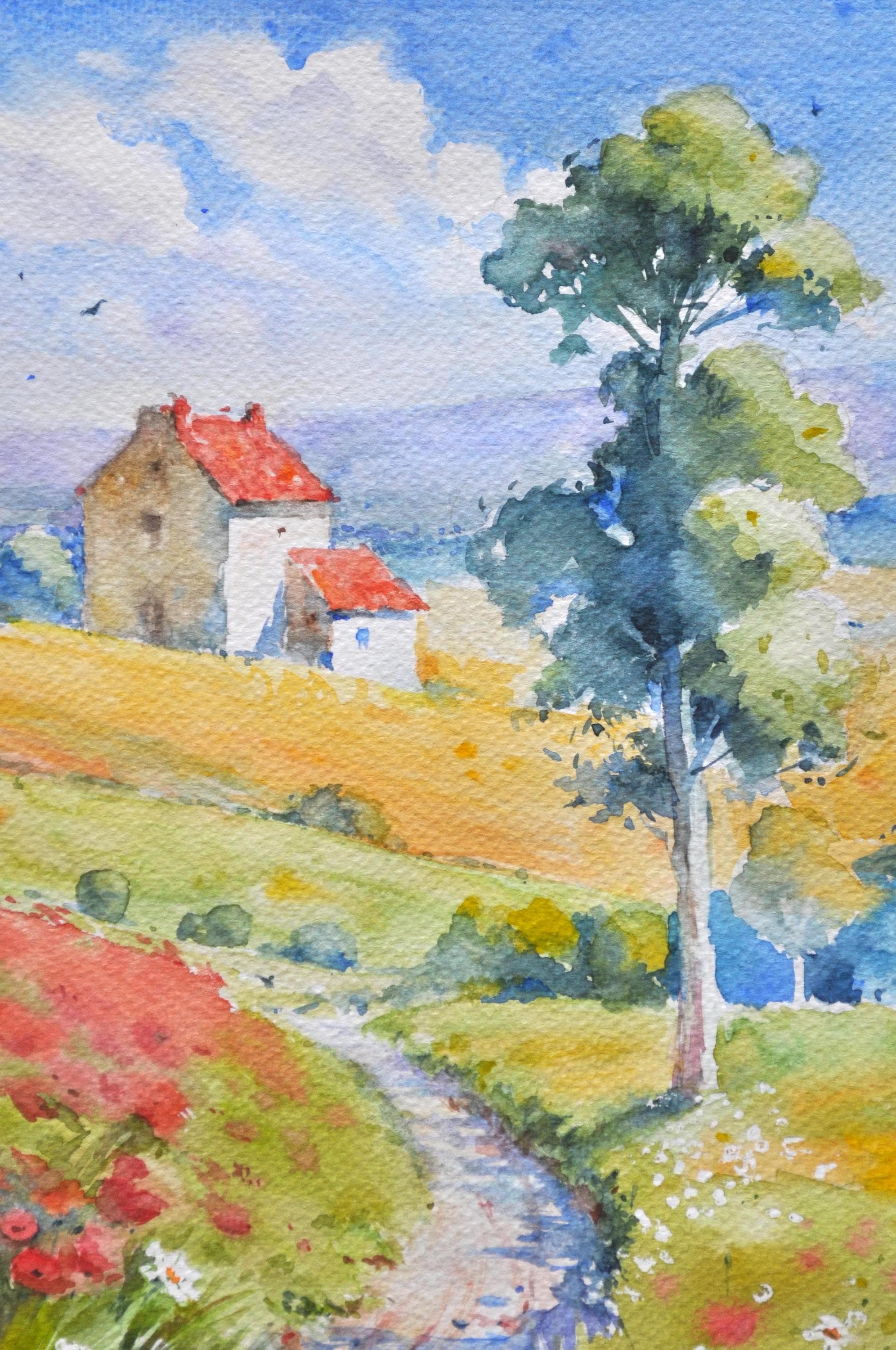 田園風景、夏の抱擁、自然のハーモニー。オリジナル水彩画 - Etsy 日本
