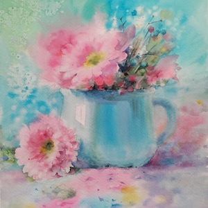 Bellissimo bouquet su sfondo blu. Dipinto originale ad acquerello 22,5 x 29,5 cm