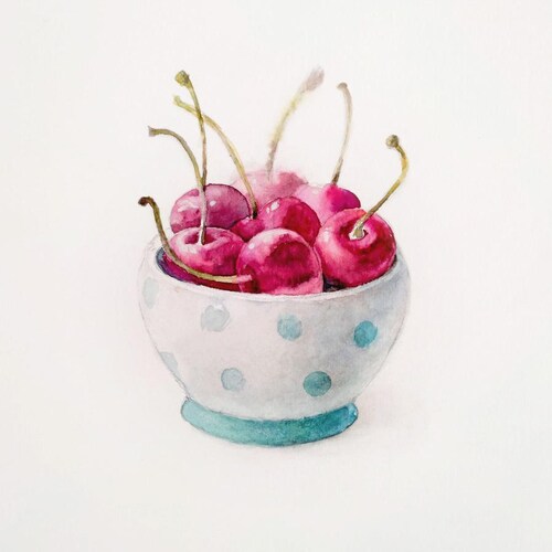 花の静物画、オリジナル水彩画。ガラスの花瓶に差し込む太陽の光に照ら