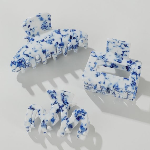 Blue & White Marble Hair Claw Clip Set – Vintage Porcelain  display picture 1
