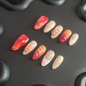Sunset Bloom Press-On Nails | 3D Flower Nail Art | Gradient Coral & Orange Tones | Handmade Glossy Nail Set
