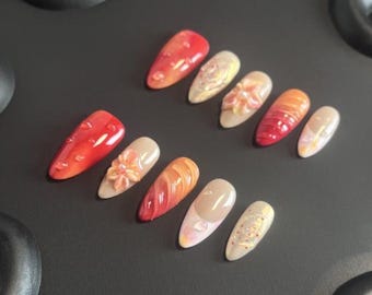 Sunset Bloom Press-On Nails | 3D Flower Nail Art | Gradient Coral & Orange Tones | Handmade Glossy Nail Set