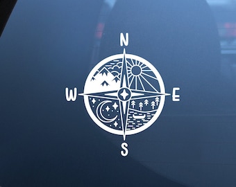 7-inch avonturenkompas vinyl transfersticker – berg- en strandkompas, autoruitsticker