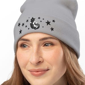 Moon Kitty Amongst the Stars Knit Beanie (Embroidery)