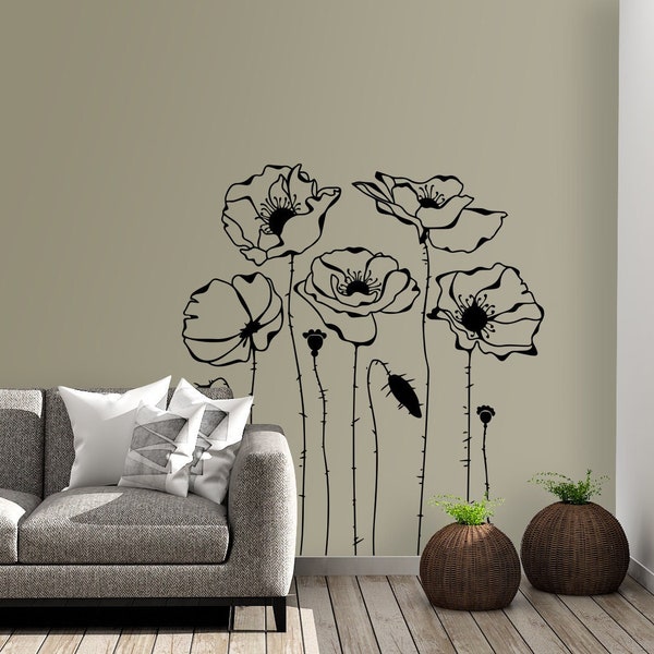 Sticker mural fleur de pavot | Sticker mural plante fleur de pavot | Stickers muraux pour chambre à coucher | Art mural floral | Sticker mural chambre d'enfant