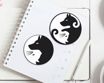 Set of 2 Yin Yang Cute Cat Dog Sticker 3", Emoji, Planner stickers, Calendar, Journal Sticker