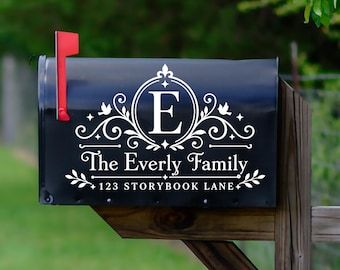 Ever After Custom Mailbox Decal, Personalized Fairytale Monogram Address Vinyl One Color Post Box Sticker, set of 2