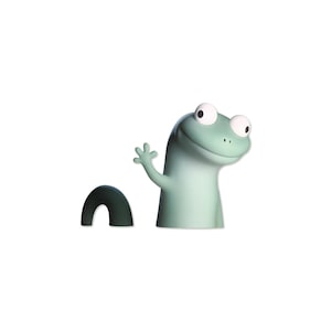 May include: A whimsical, light green cartoon character with large, expressive eyes and a friendly wave. A dark green arch shape is next to the character. The character is set against a clean white background.