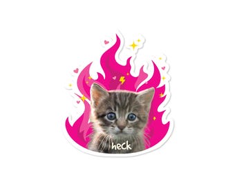 Heck Kitten Sticker, Funny Cat Vinyl Sticker, Cute Kitten with Pink Flames, Waterproof Cat Meme Sticker, Chaos Kitty Decal