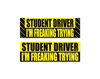 Student Driver I’m Freaking Trying 9" Waterproof Bumper Sticker – Funny Yellow and Black Car Decal for New Drivers