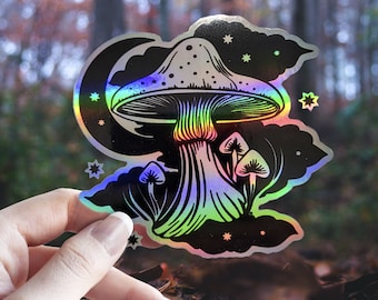 Magic Mushroom Holographic Vinyl Sticker 3" | Waterproof Sticker | Shroom in the Clouds | Trippy Sticker | Kiss Cut