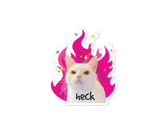 Heck Cat Sticker, Funny White Cat Vinyl Sticker, Angry Cat with Pink Flames, Waterproof Cat Meme Sticker, Cute Chaos Decal