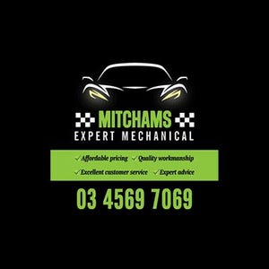 May include: A black logo featuring a white outline of a car above the green text MITCHAMS EXPERT MECHANICAL. Below this, a green rectangle contains the text Affordable pricing, Quality workmanship, Excellent customer service, Expert advice, and 03 4569 7069.