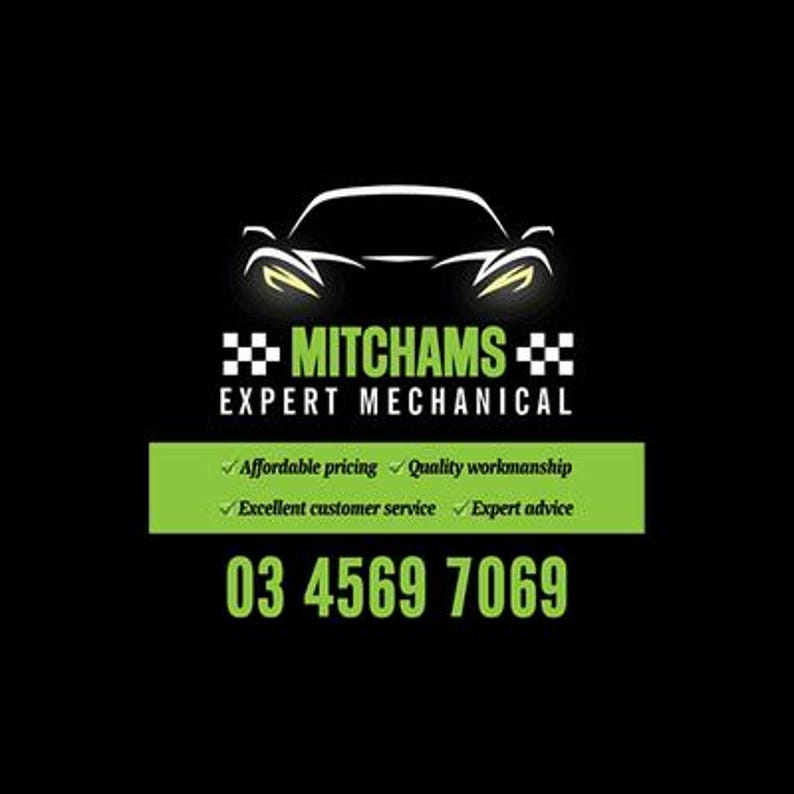 May include: A black logo featuring a white outline of a car above the green text MITCHAMS EXPERT MECHANICAL. Below this, a green rectangle contains the text Affordable pricing, Quality workmanship, Excellent customer service, Expert advice, and 03 4569 7069.