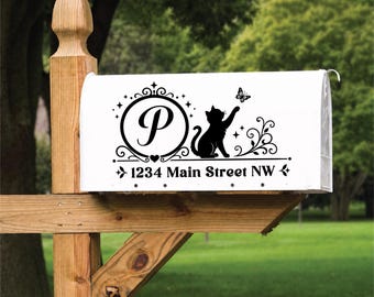 Custom Cat & Butterfly Monogram Mailbox Decal, set of 2, Personalized Family Address Vinyl Sticker