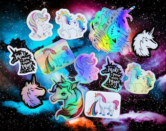 Holographic Unicorn Sticker Set of 12 - Rich Black Printed Vinyl Decals - Waterproof - Weatherproof