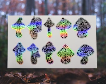 10 Piece Holographic Mushroom 4x6" Sticker Set | Kiss Cut Waterproof Stickers