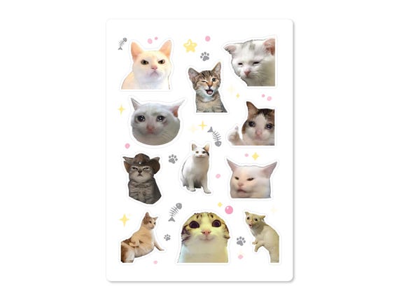 Cat Meme Sticker Sheet, Funny Cat Vinyl Stickers, Cute Cat Reaction Stickers, Waterproof Cat Sticker Sheet for Laptops
