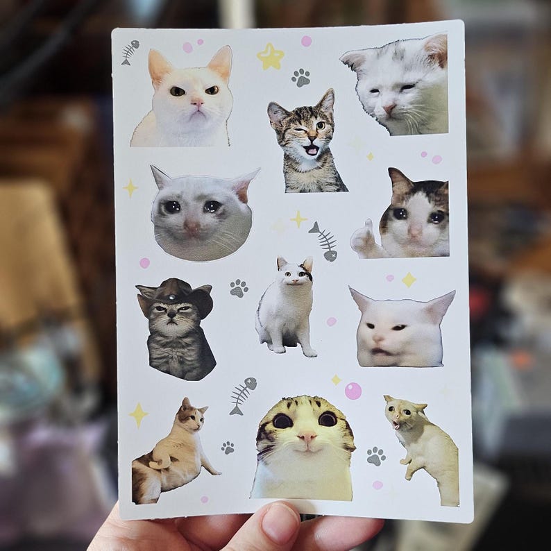 K&ouml;nnte beinhalten: Ein Bogen Sticker mit verschiedenen Katzen-Memes. Die Sticker sind wei&szlig; mit rosa und gelben Akzenten. Die Katzen sind in verschiedenen Posen und Gesichtsausdr&uuml;cken, darunter eine Katze mit einem Piratenhut, eine Katze mit einem Daumen hoch und eine Katze mit einem &uuml;berraschten Ausdruck.