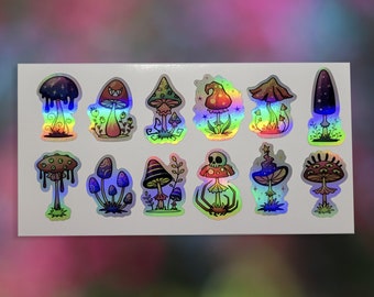 12 Piece Holographic Mushroom 4x6" Funky and Trippy Sticker Set | Kiss Cut waterproof holographic vinyl