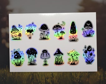 Holographic Mushroom Sticker Sheet – 12 Piece Set (1–1.5")