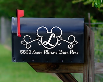 Disney Inspired Monogram Mailbox Decals - Set of 2, Mickey Design with Side Flourish, Custom Address, in Various Colors including Reflective