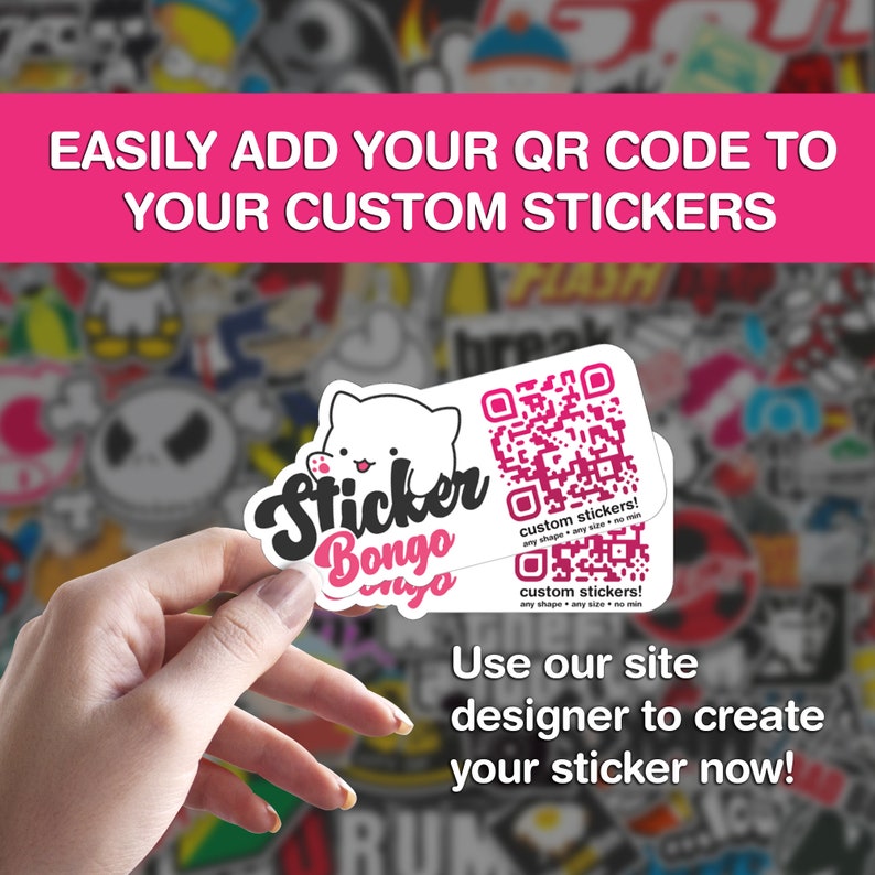May include: A white sticker with a pink cat cartoon and the text "Sticker Bongo" and a QR code. The text "custom stickers! any shape any size no min" is below the QR code. The sticker is being held by a hand against a background of colorful stickers.