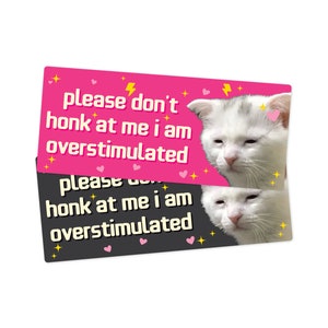 Overstimulated Sad Cat Funny Bumper Sticker or Magnet 7x3&quot;