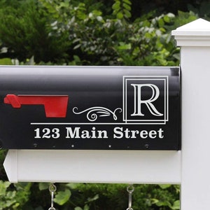 Monogram Mailbox Decals - Set of 2, Modern Square Design with Flourish, Custom Address, Available in Various Colors including Reflective