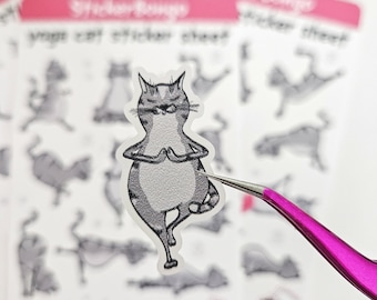 Yoga Cat Sticker Sheet - 4x6", Featuring Cute Grey Cat in Yoga Poses, Set of 10 Stickers