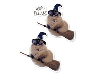 Witch Please Cat Sticker, Waterproof Funny Halloween Cat Meme Vinyl Sticker in Two Styles