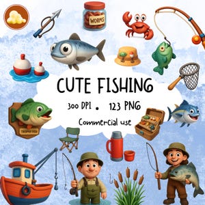 Cute Fishing Clipart Bundle | Cartoon 3D PNG | Fish, Rods, Boats, Kids Fishing, Lake & Outdoor Elements | Digital Download