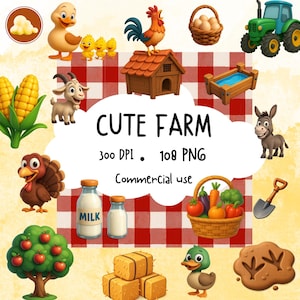 Cute Farm Clipart Bundle | Cartoon 3D Pixar Style PNG | Animals, Barn, Tractor, Crops, Tools & Farm Life | Digital Download