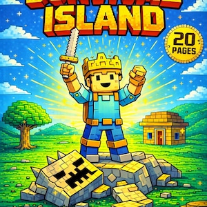 Pode incluir: Capa de livro de colorir colorida com o título "SURVIVAL ISLAND". Apresenta um personagem pixelizado segurando uma espada, uma pequena casa e o texto "Pixel Gamer Coloring Book for Kids - 20 pages". O fundo é um céu azul com estrelas.