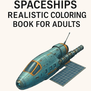 Puede incluir: Ilustración de una nave espacial turquesa con detalles naranjas, un panel solar y el texto "SPACESHIPS REALISTIC COLORING BOOK FOR ADULTS" y "20 PAGE PDF". Es un libro para colorear.