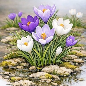 May include: A close-up of crocus flowers in shades of purple and white with yellow centres, surrounded by green grass. The flowers are growing near water and rocks, with a blurred background.