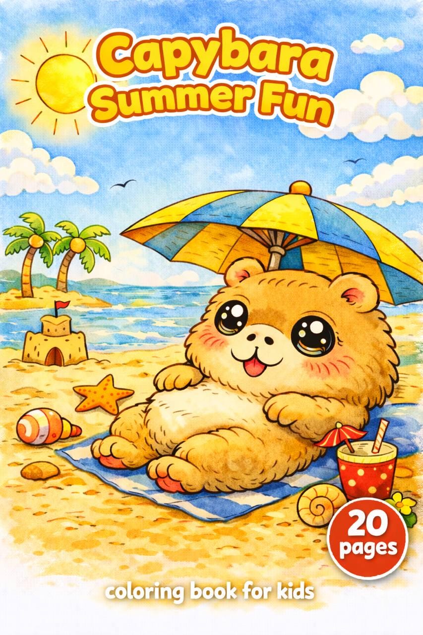 20-page Capybara Summer Fun Coloring Book for Kids • Tropical Vacation ...