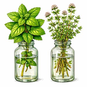 Puede incluir: Dos frascos de vidrio, cada uno con una hierba diferente. El frasco de la izquierda contiene una ramita de menta verde brillante con hojas grandes. El frasco de la derecha contiene tomillo con hojas verdes pequeñas y pequeñas flores rosas. Ambos frascos están llenos de agua clara.