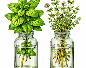 Plantas botánicas de menta, albahaca y tomillo - Libro para colorear realista para adultos / 20 páginas PDF imprimible