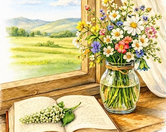Flores y libros sobre la mesa – Libro para colorear de naturaleza muerta realista para adultos / 25 páginas imprimibles