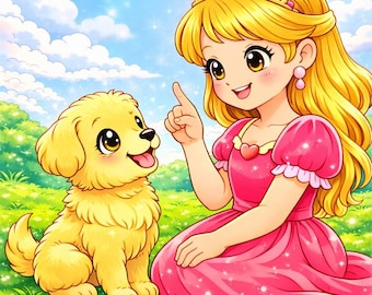 Princesa con su cachorrito – Libro para colorear de cuentos de hadas para niños / 20 páginas imprimibles
